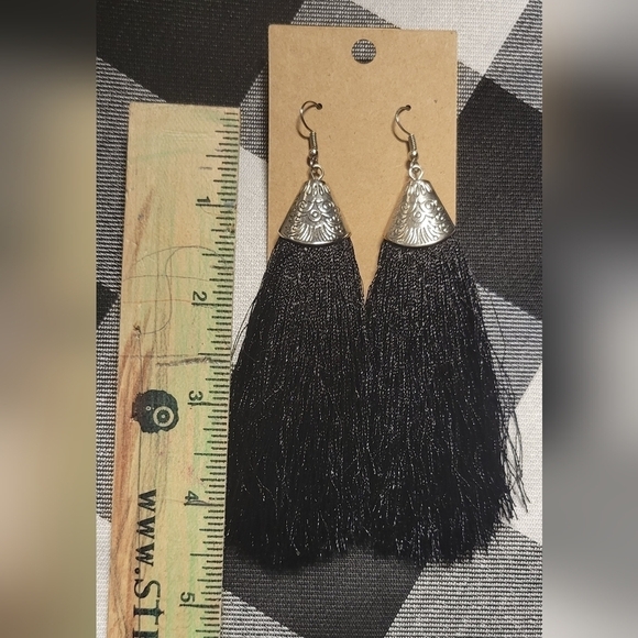 NWOT black and silver earrings with fringe - Picture 3 of 3